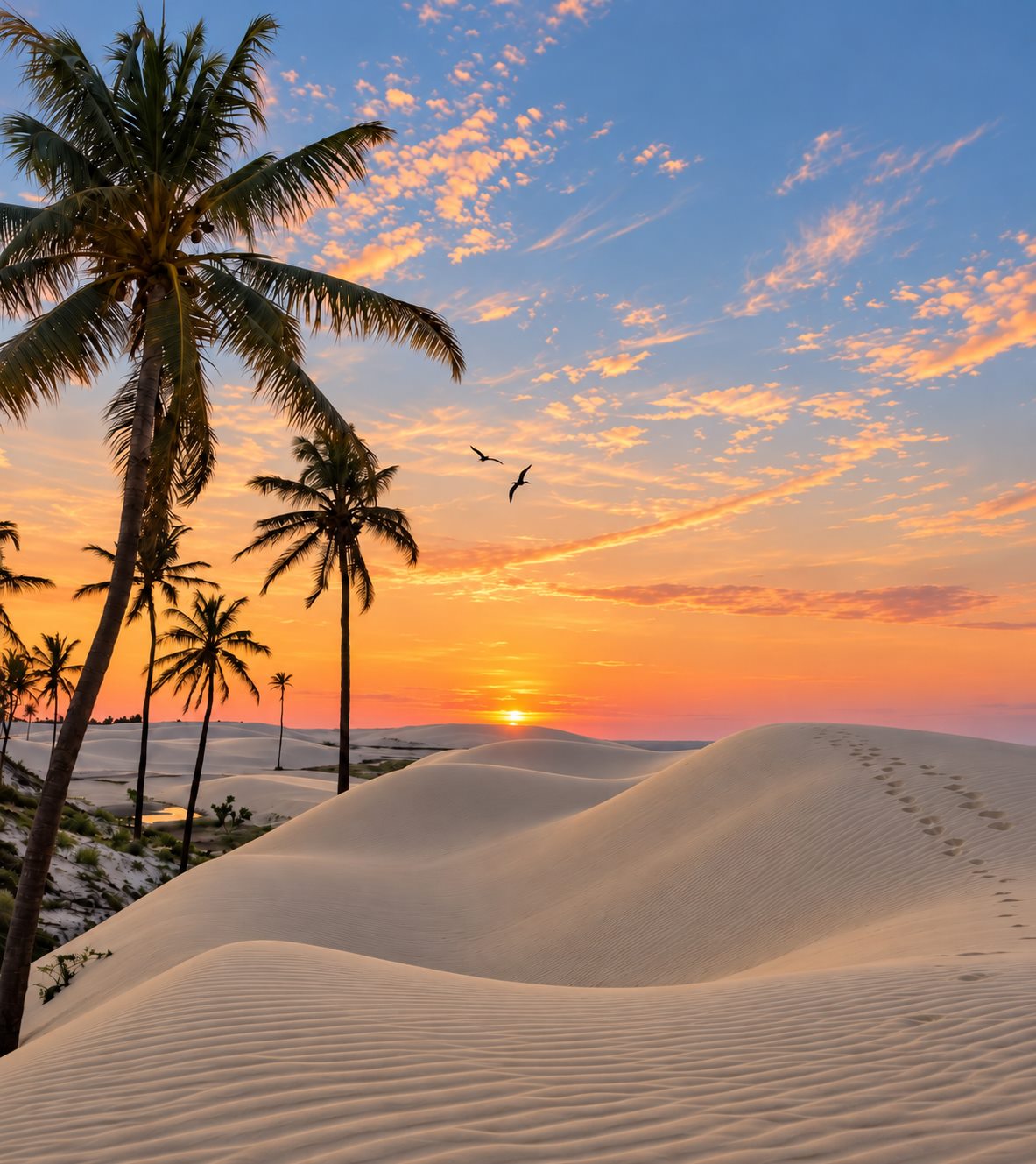 Pôr do sol sobre as dunas, com coqueiros em silhueta